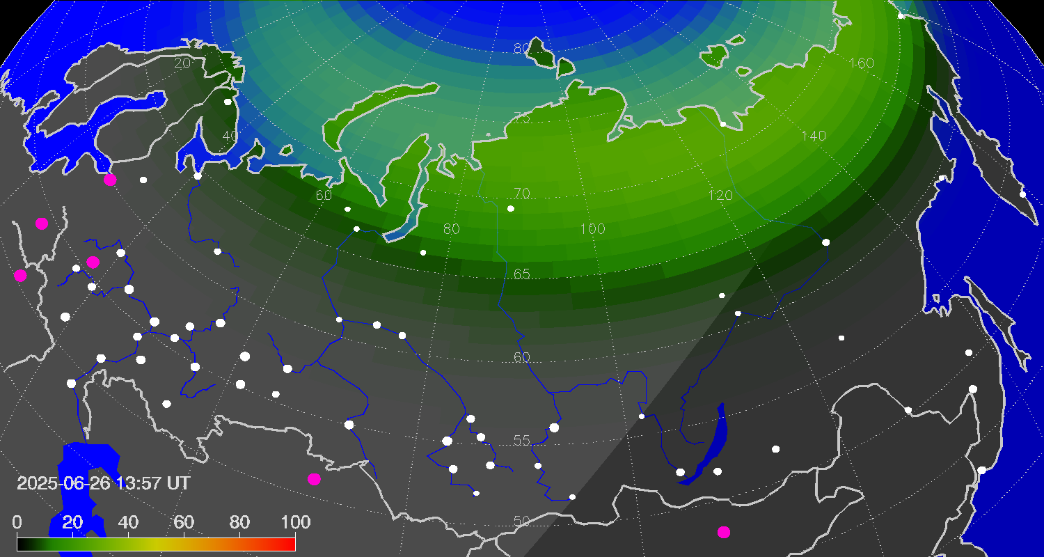 Northern lights (auroras) over Russian Federation