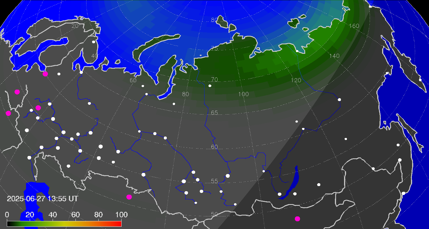 Northern lights (auroras) over Russian Federation