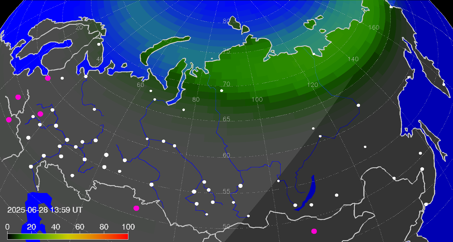 Northern lights (auroras) over Russian Federation