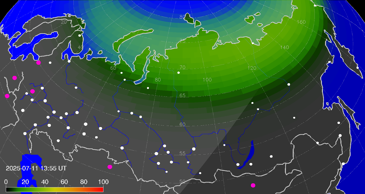 Northern lights (auroras) over Russian Federation