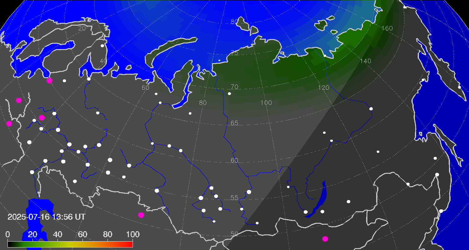 Northern lights (auroras) over Russian Federation
