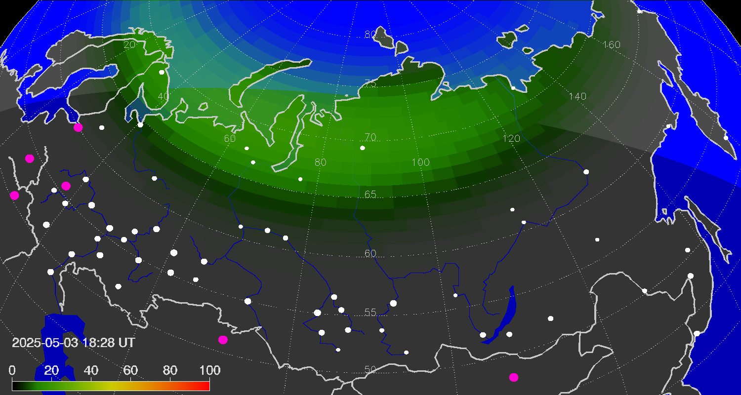 Northern lights (auroras) over the territory of Eurasia