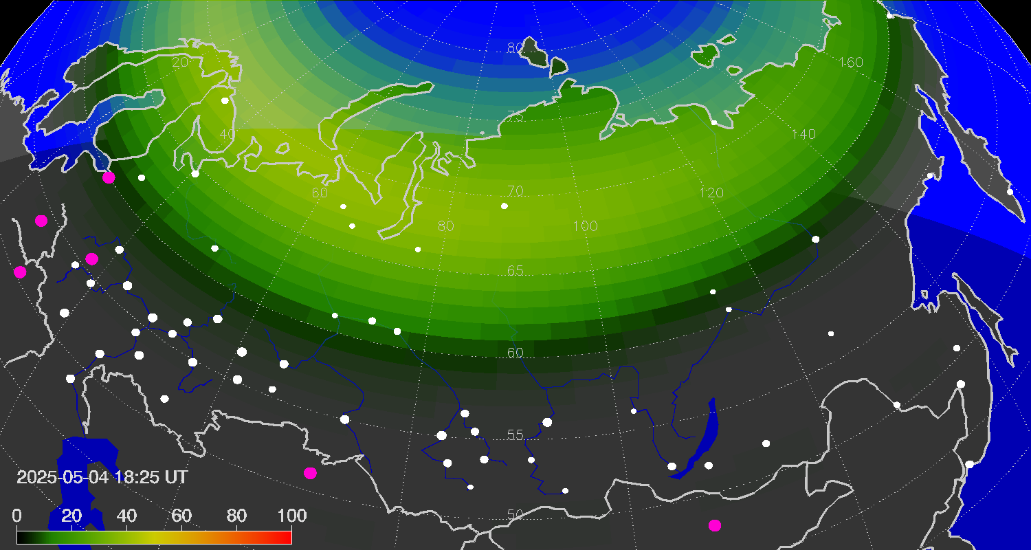 Northern lights (auroras) over the territory of Eurasia