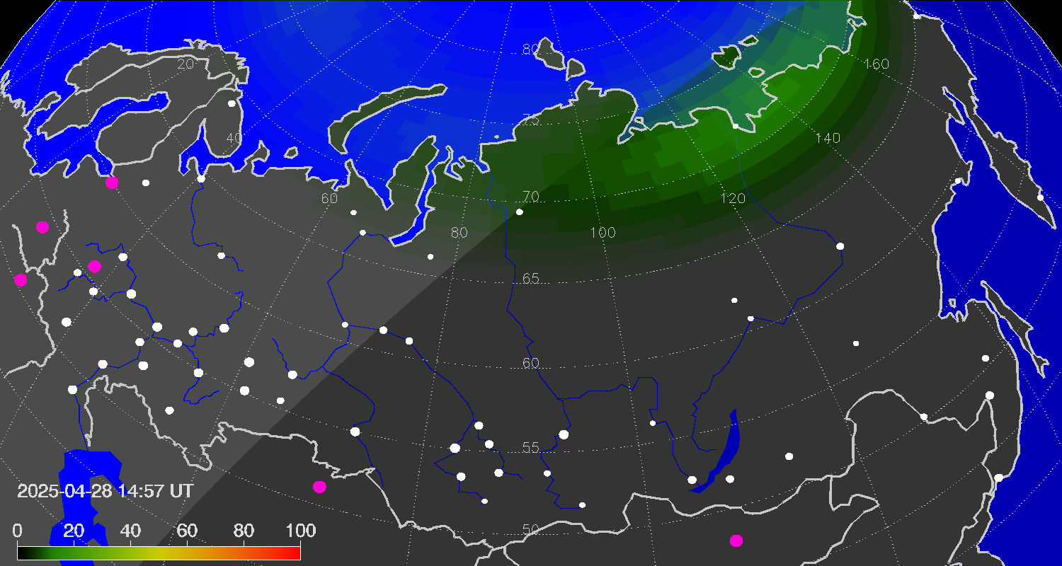 Northern lights (auroras) over Russian Federation