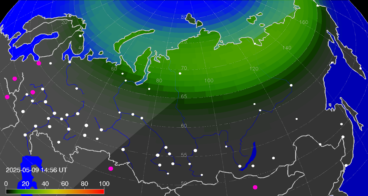 Northern lights (auroras) over Russian Federation