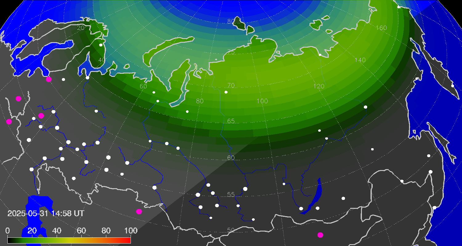 Northern lights (auroras) over Russian Federation