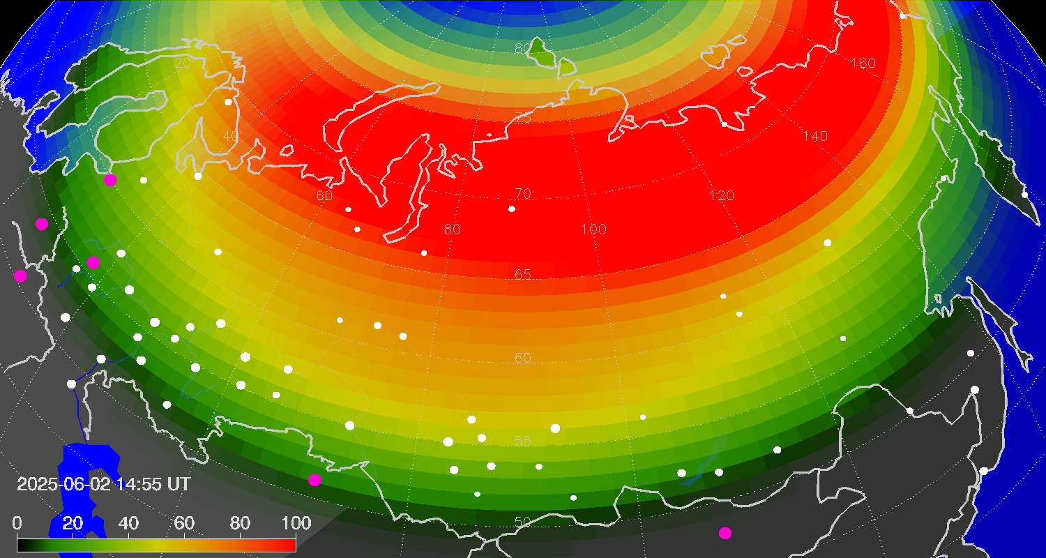 Northern lights (auroras) over Russian Federation