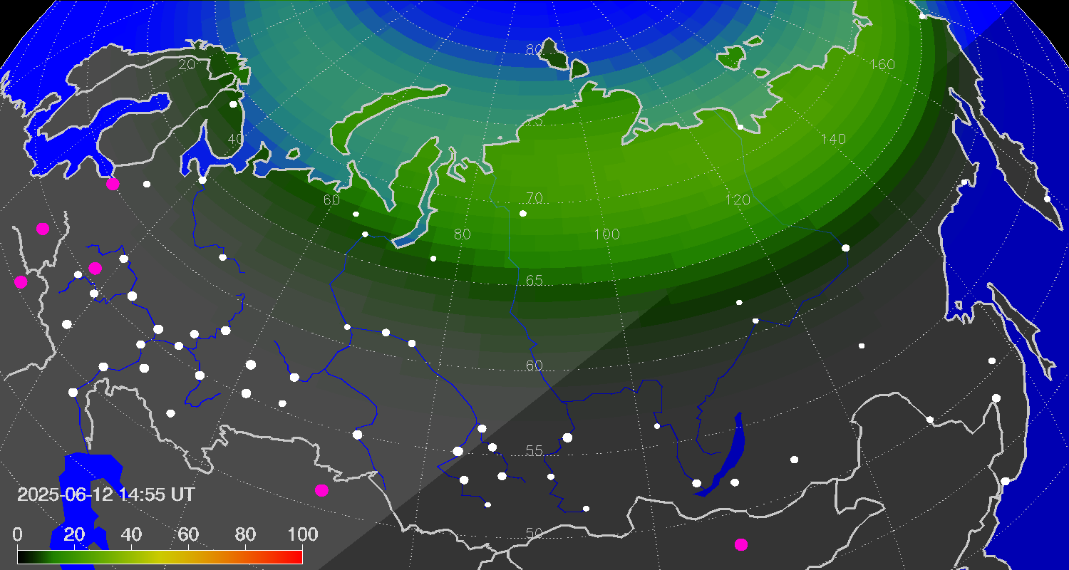 Northern lights (auroras) over Russian Federation