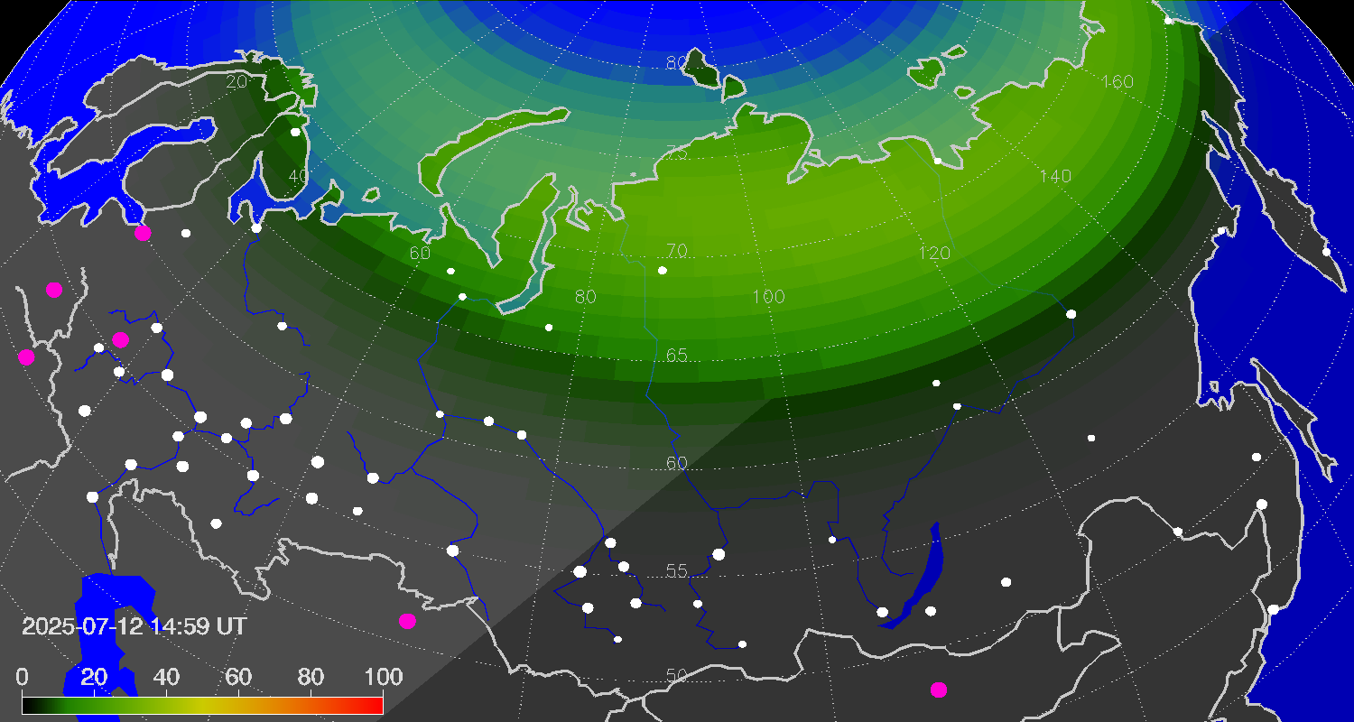 Northern lights (auroras) over Russian Federation