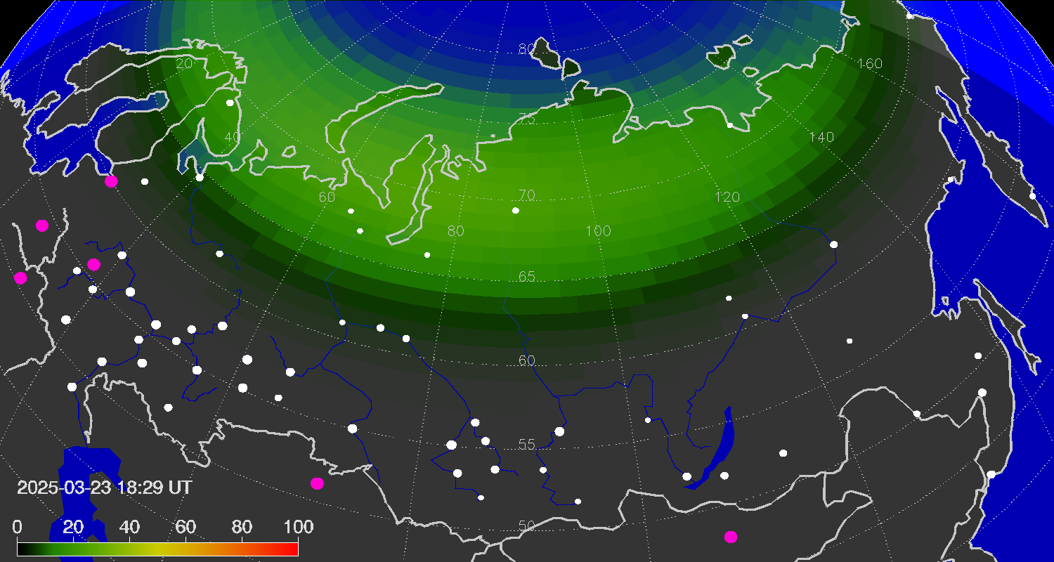 Northern lights (auroras) over the territory of Eurasia