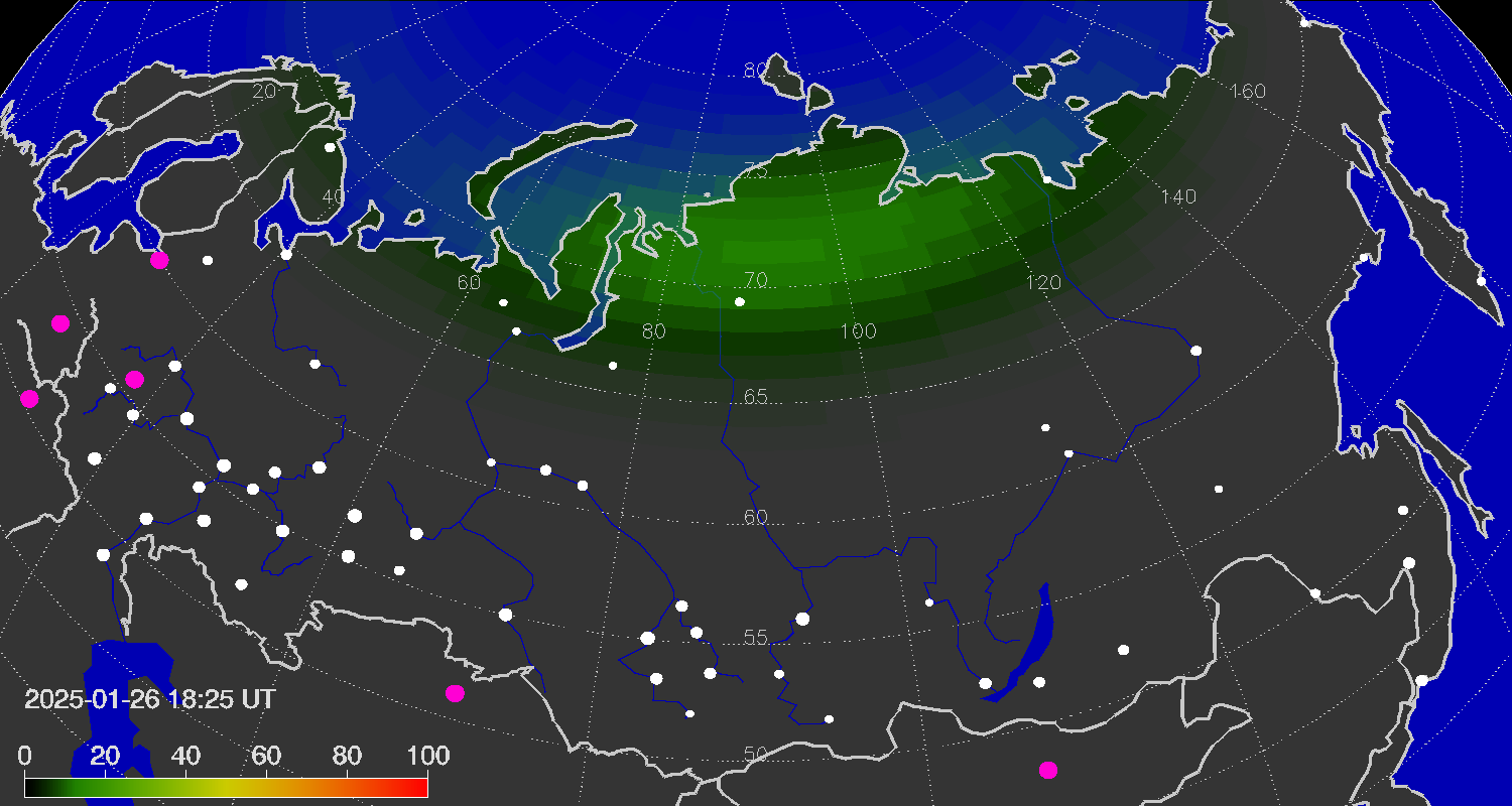 Зона полярных (северных) сияний над территорией Евразии