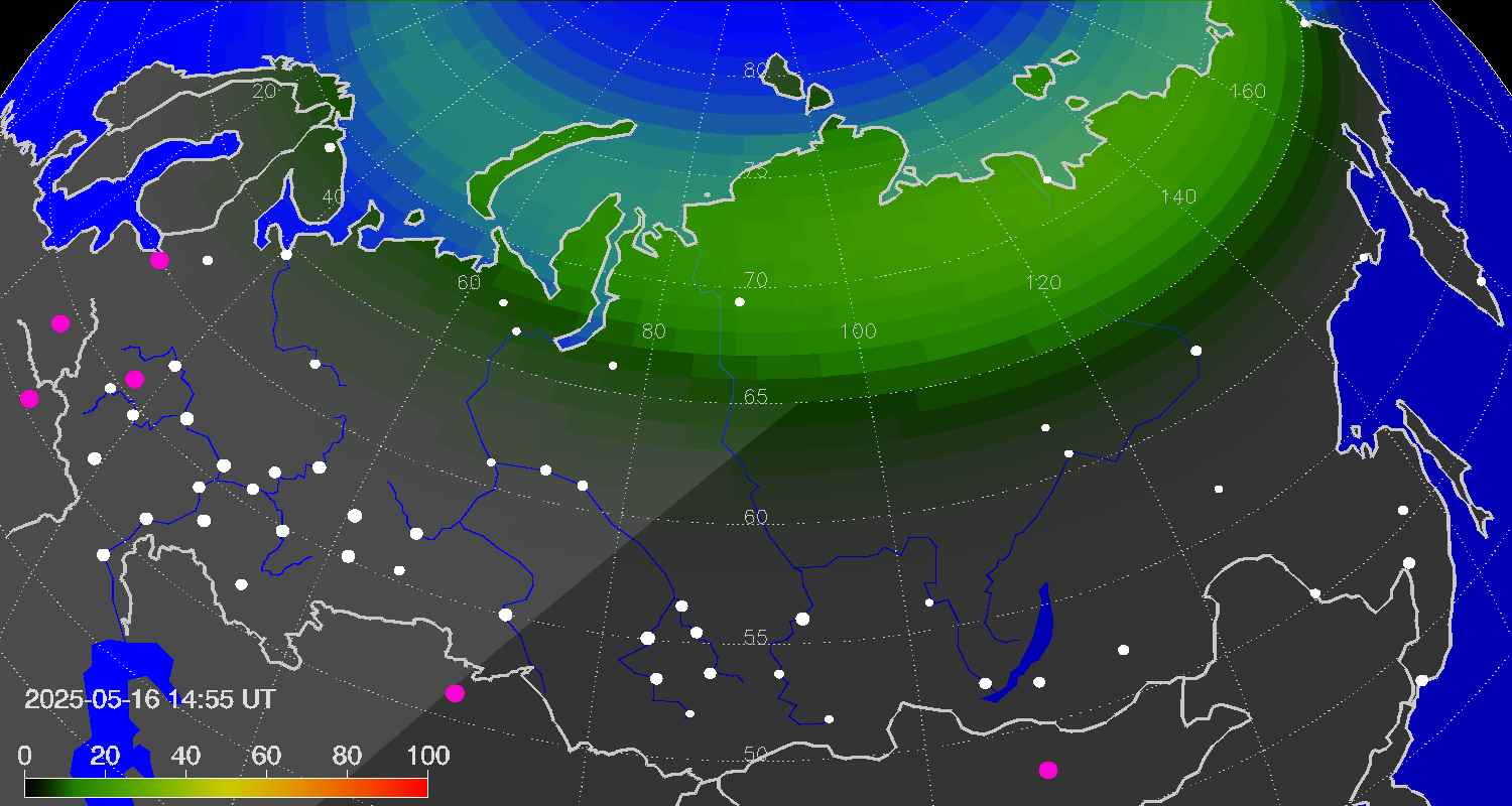Northern lights (auroras) over Russian Federation