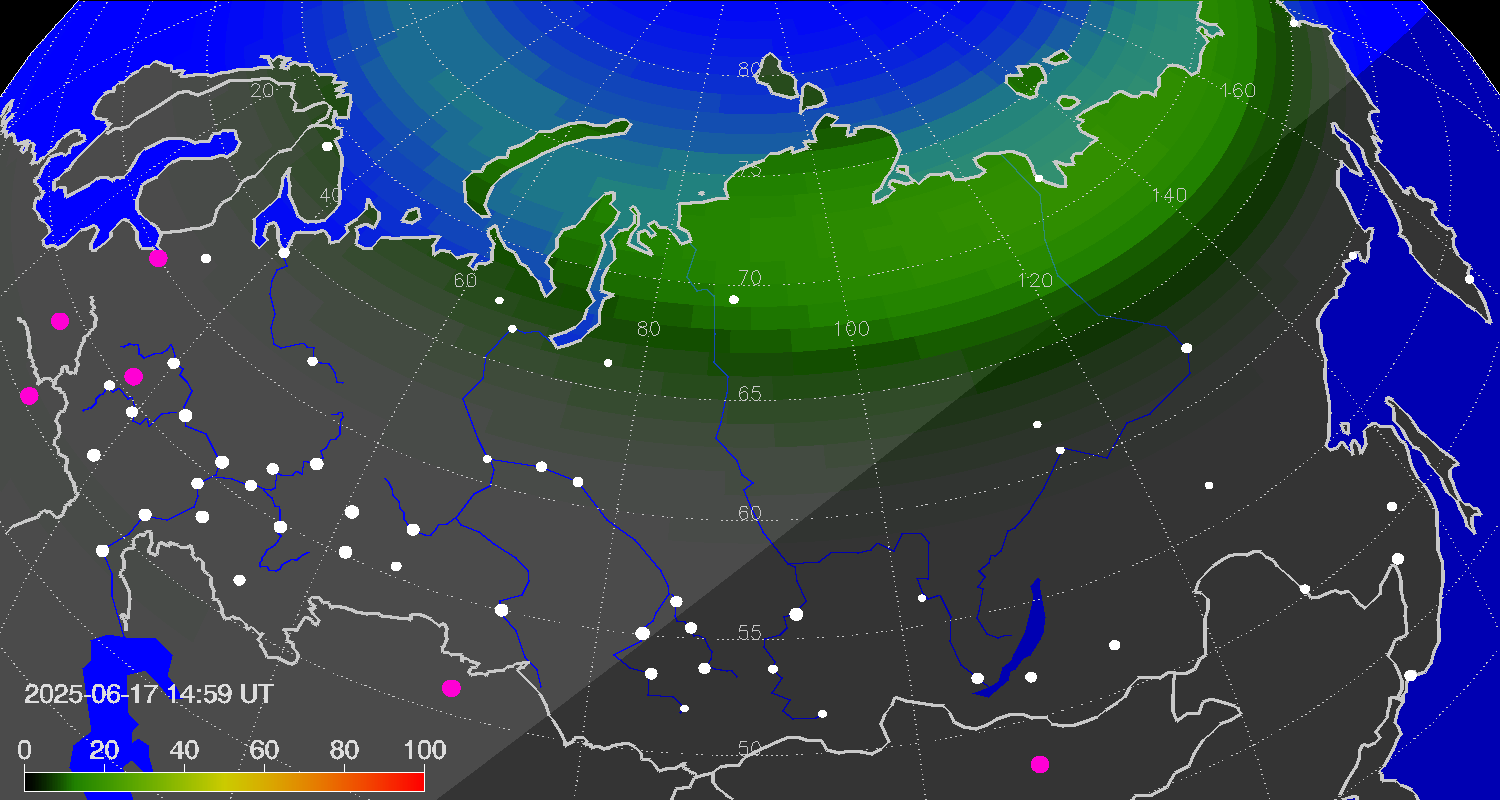 Northern lights (auroras) over Russian Federation