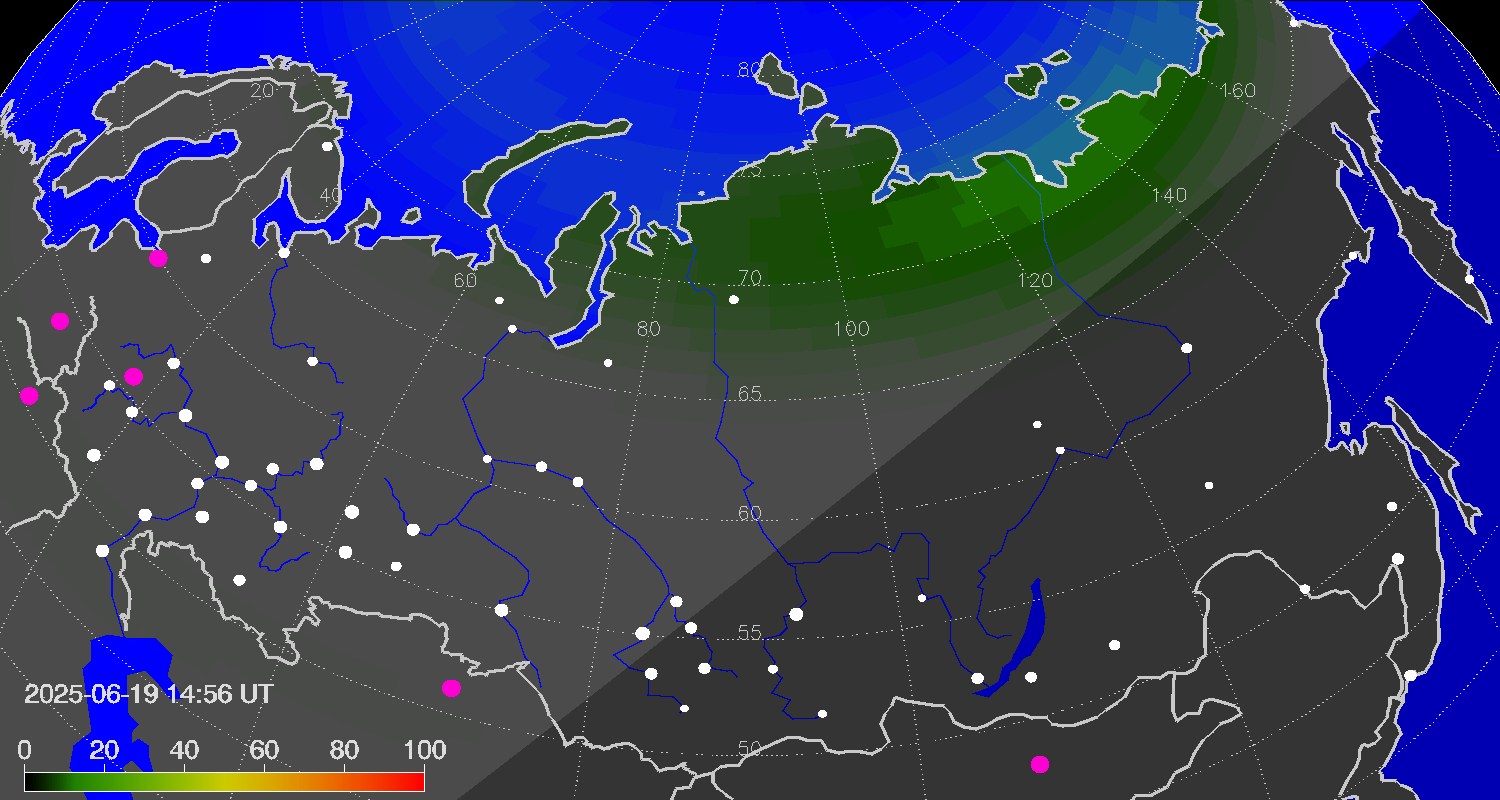 Northern lights (auroras) over Russian Federation
