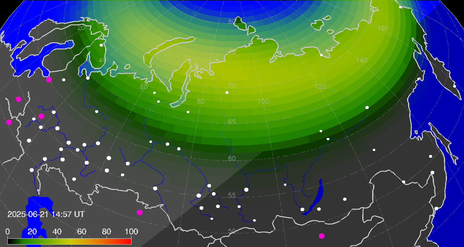 Northern lights (auroras) over Russian Federation