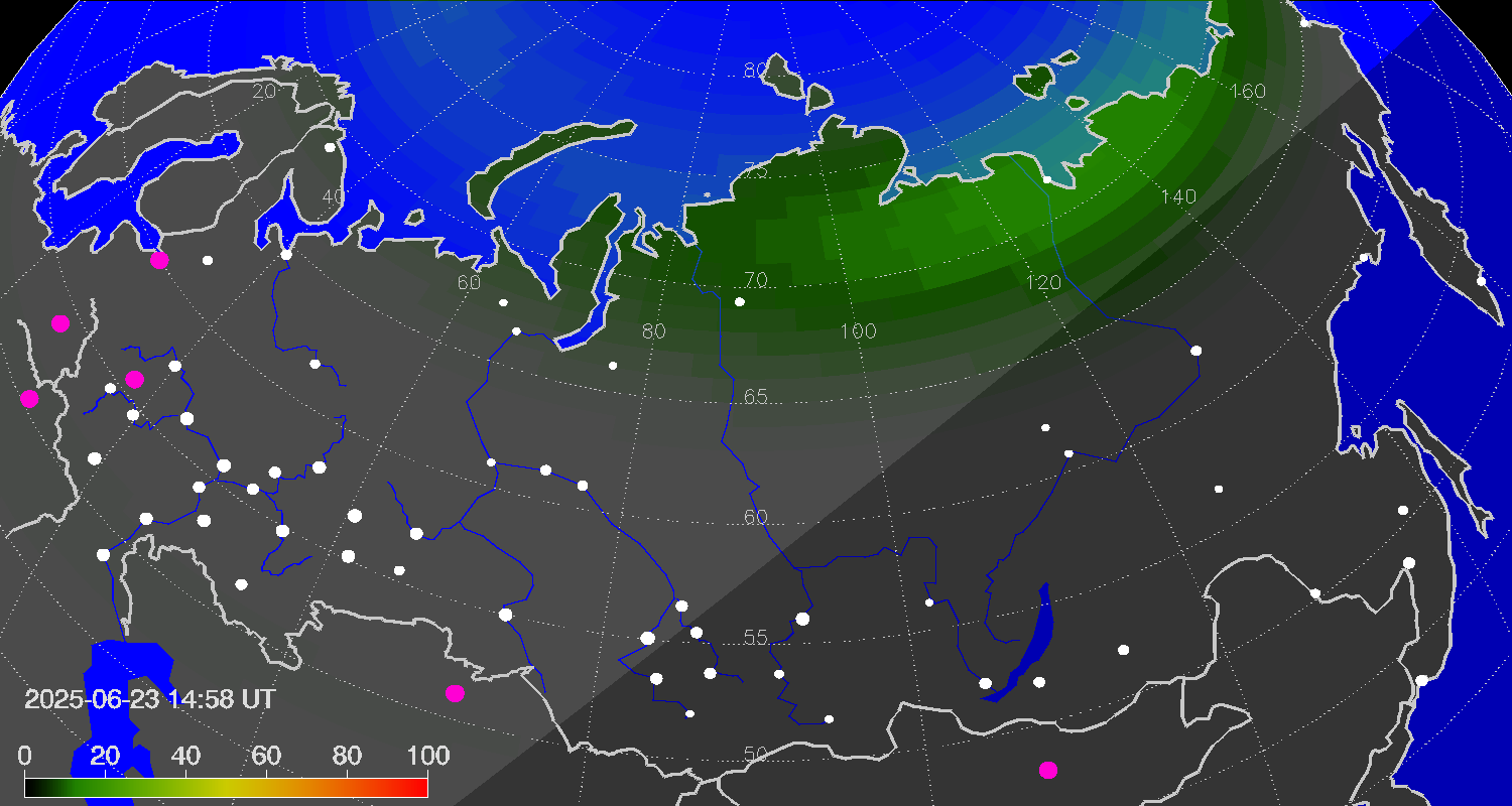 Northern lights (auroras) over Russian Federation