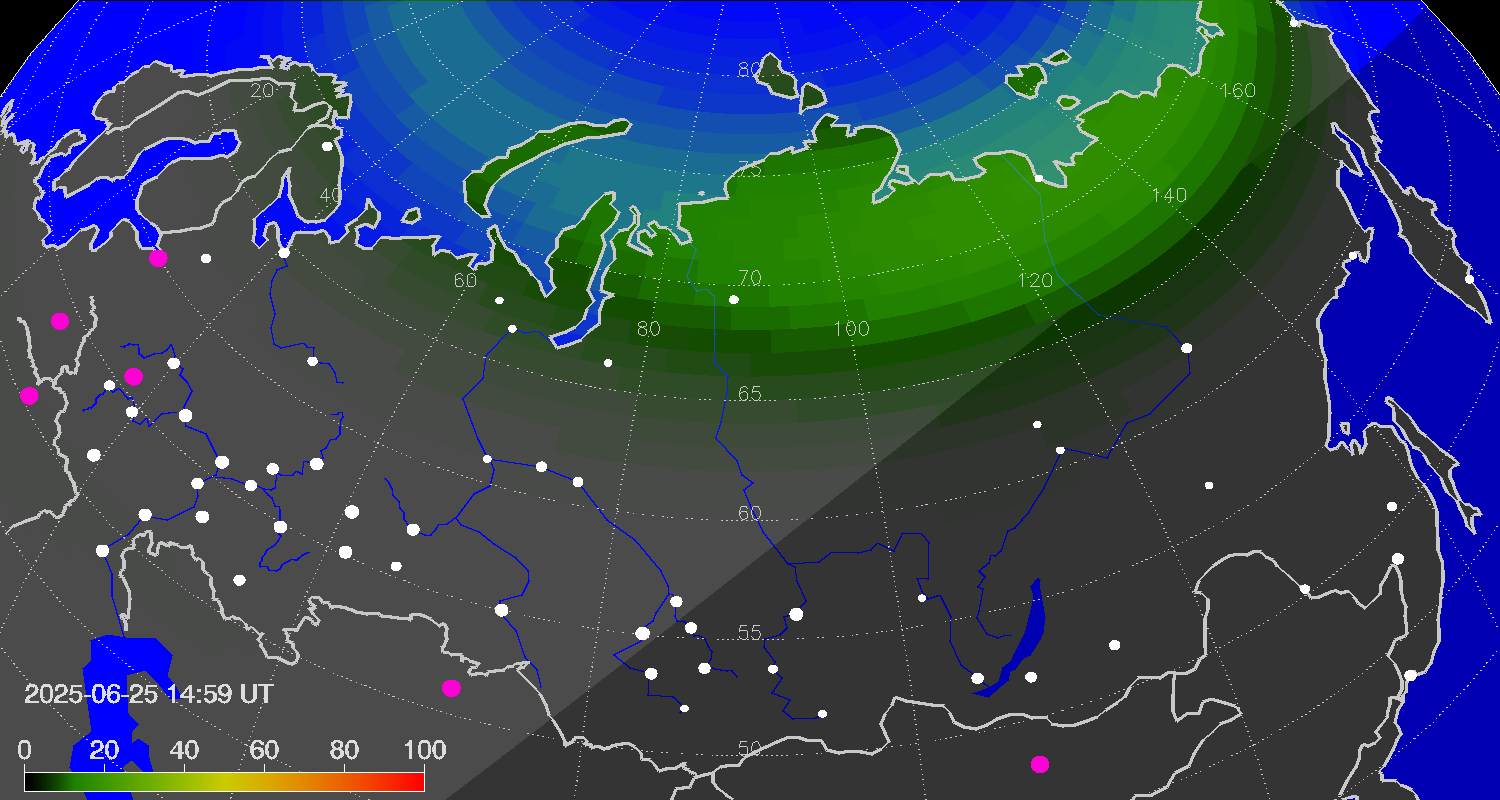 Northern lights (auroras) over Russian Federation