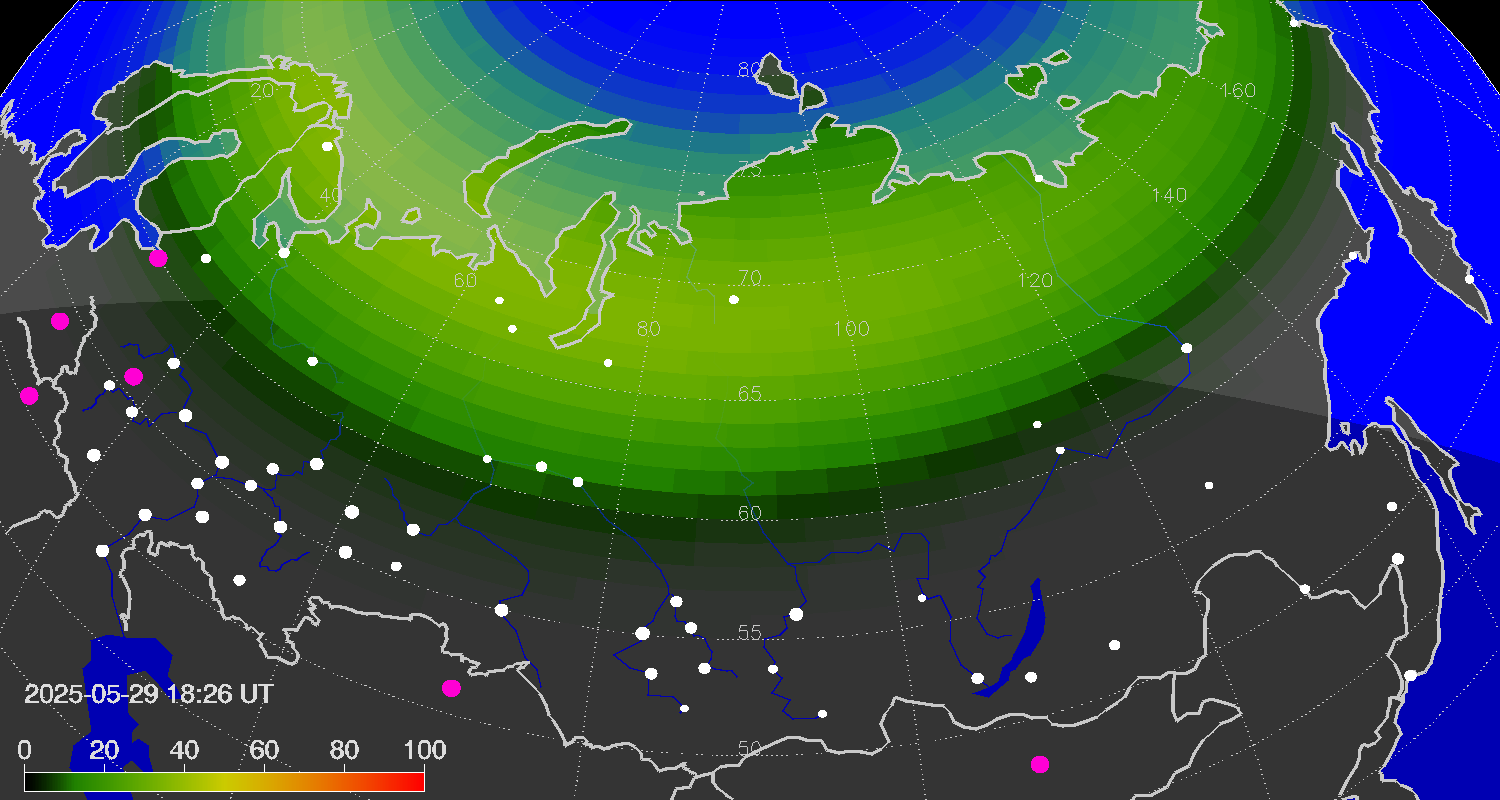 Northern lights (auroras) over the territory of Eurasia