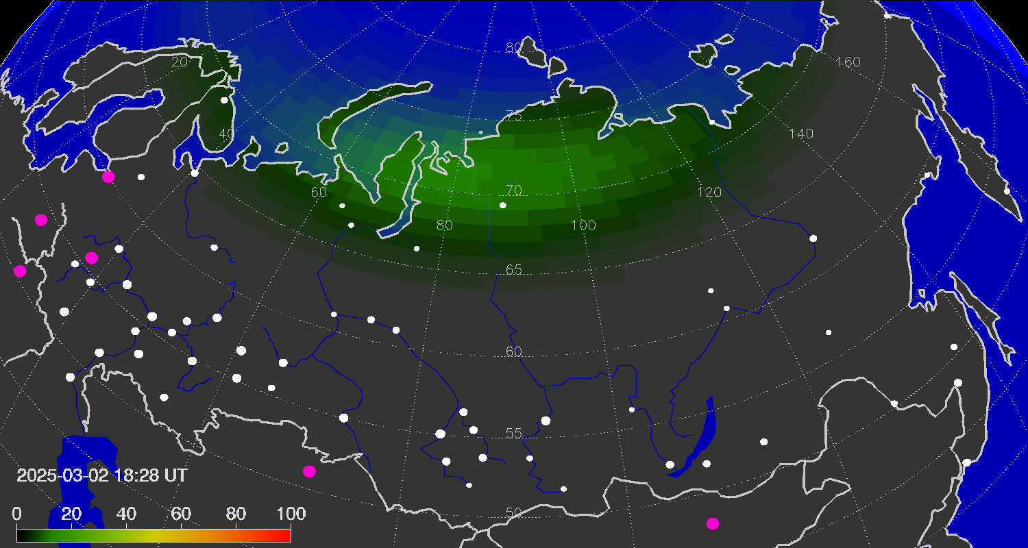 Northern lights (auroras) over the territory of Eurasia