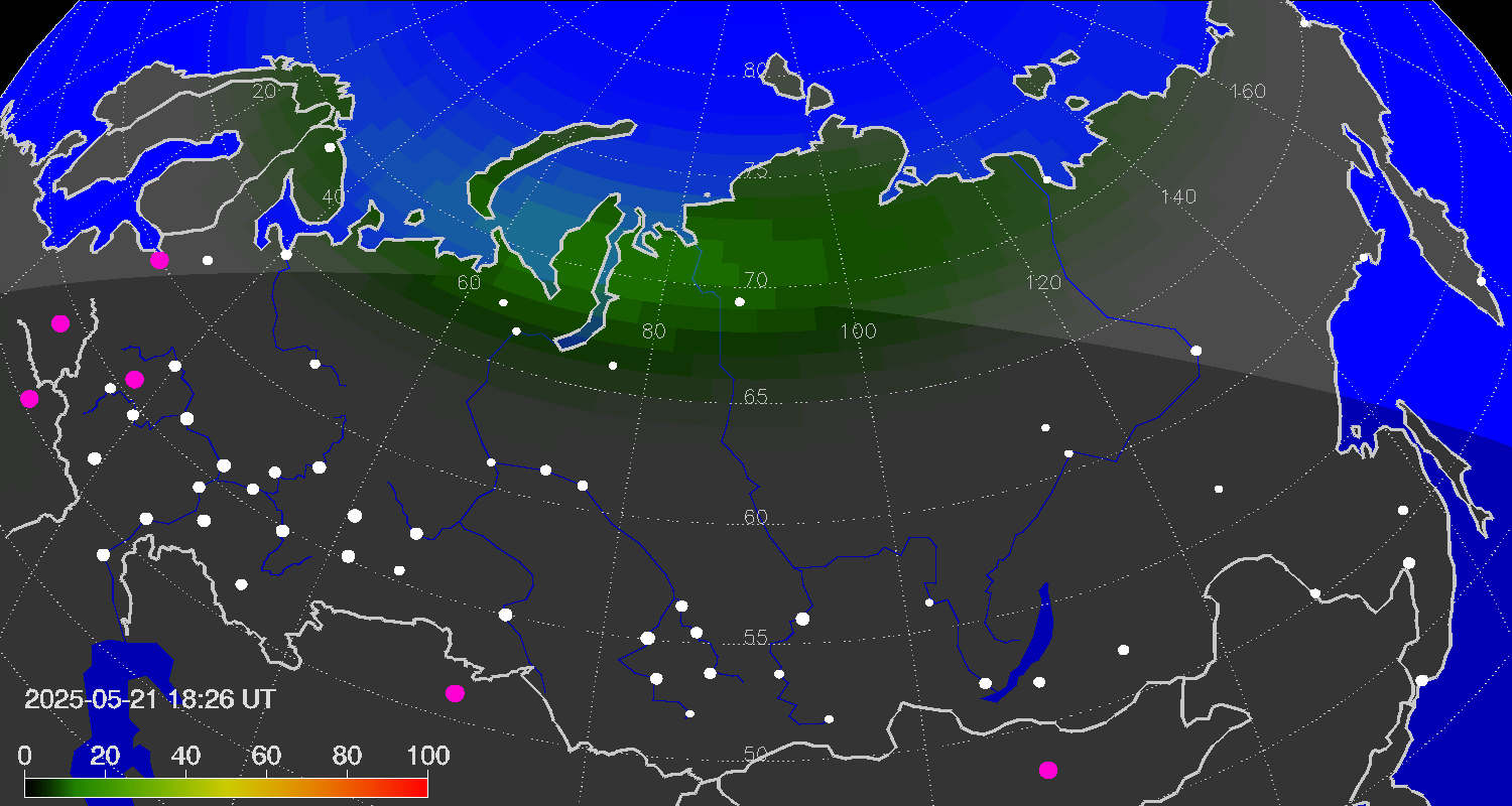 Northern lights (auroras) over the territory of Eurasia