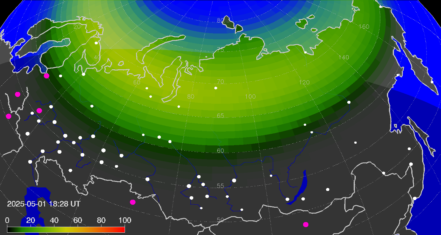 Northern lights (auroras) over the territory of Eurasia