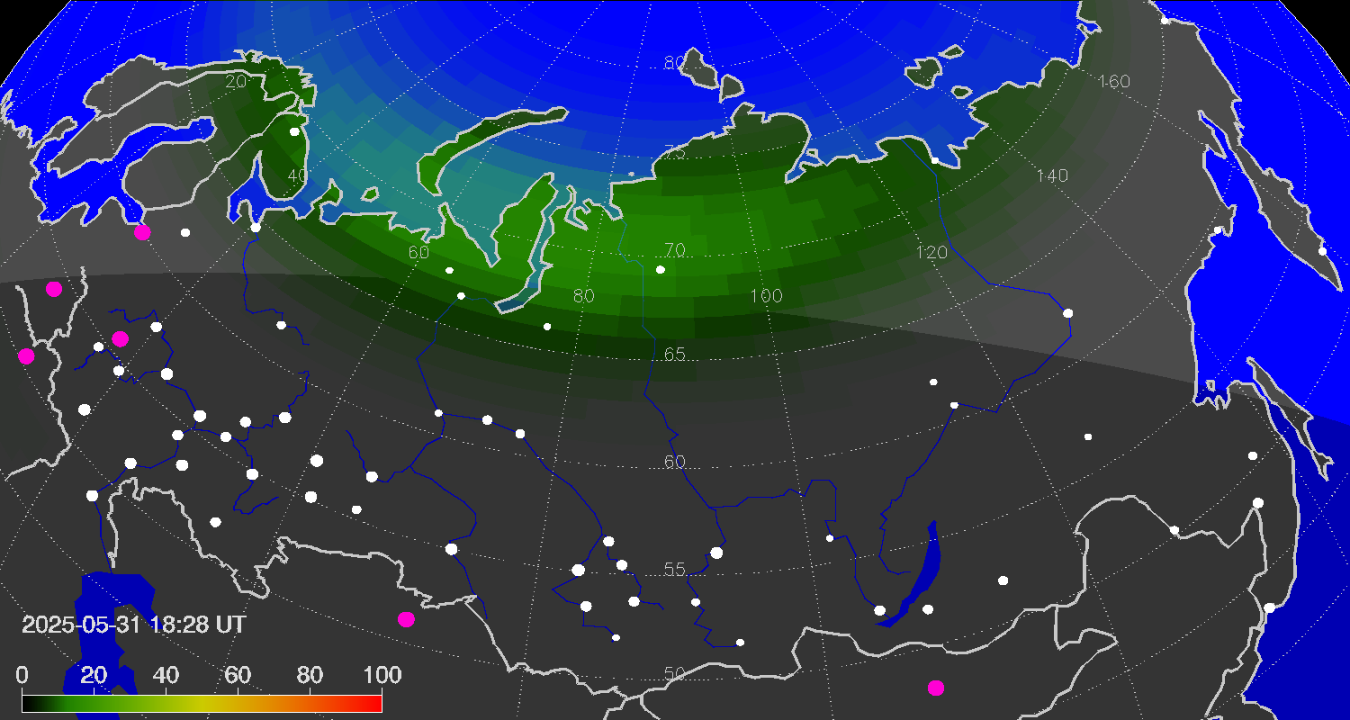 Зона полярных (северных) сияний над территорией Евразии