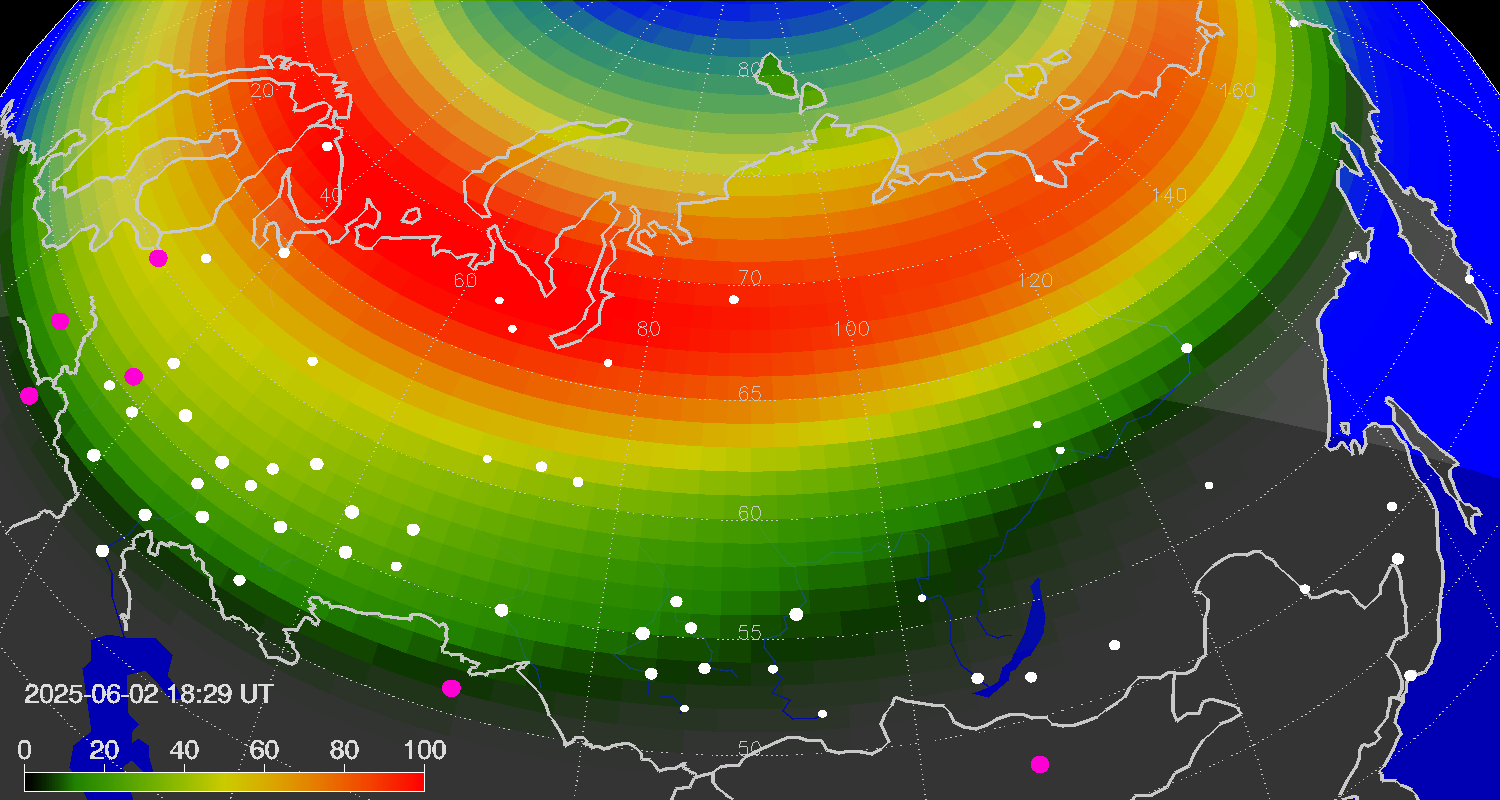 Northern lights (auroras) over the territory of Eurasia