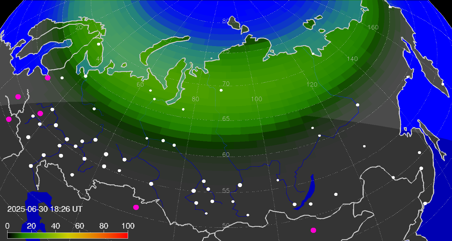 Northern lights (auroras) over the territory of Eurasia