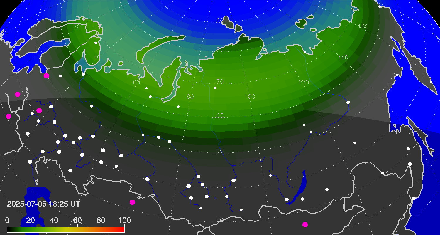 Northern lights (auroras) over the territory of Eurasia