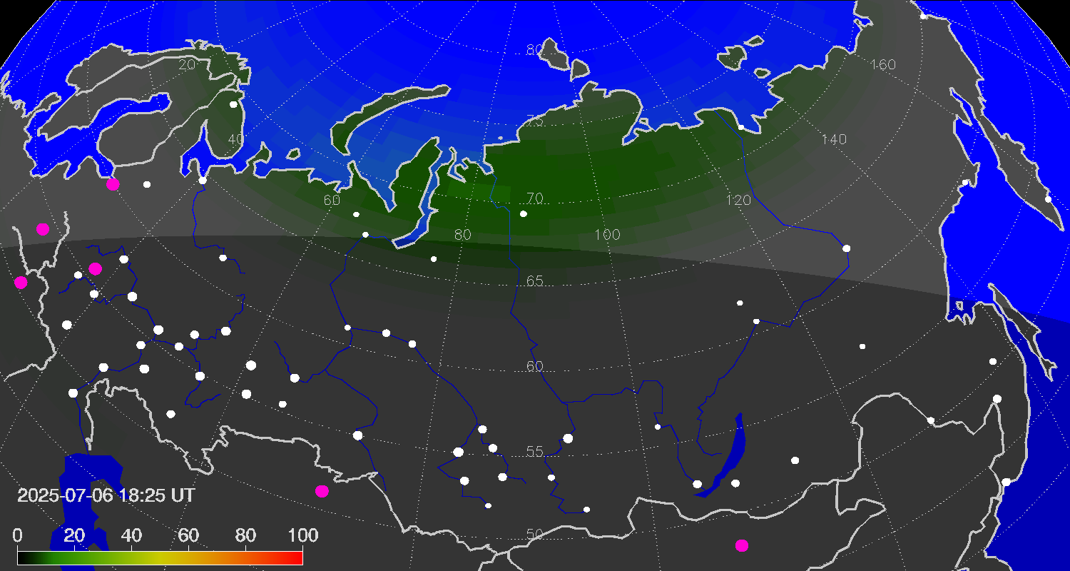 Northern lights (auroras) over the territory of Eurasia