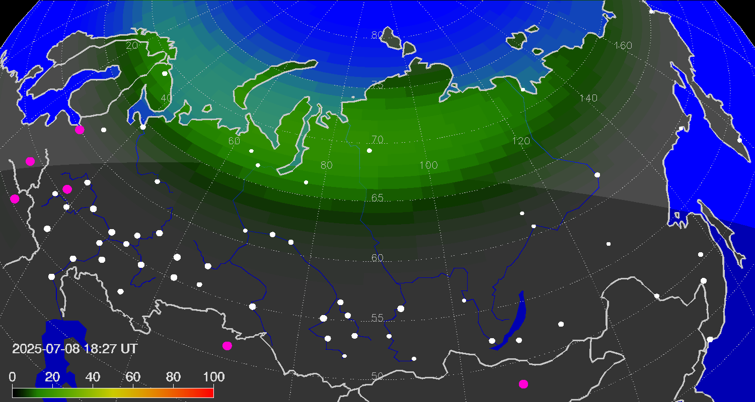 Northern lights (auroras) over the territory of Eurasia