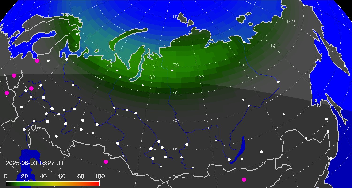Northern lights (auroras) over the territory of Eurasia