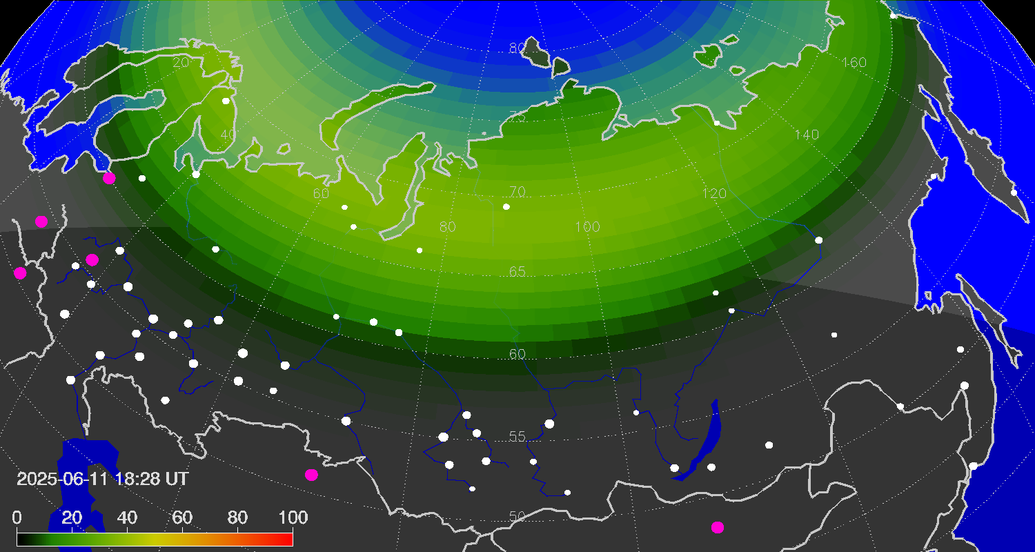Northern lights (auroras) over the territory of Eurasia