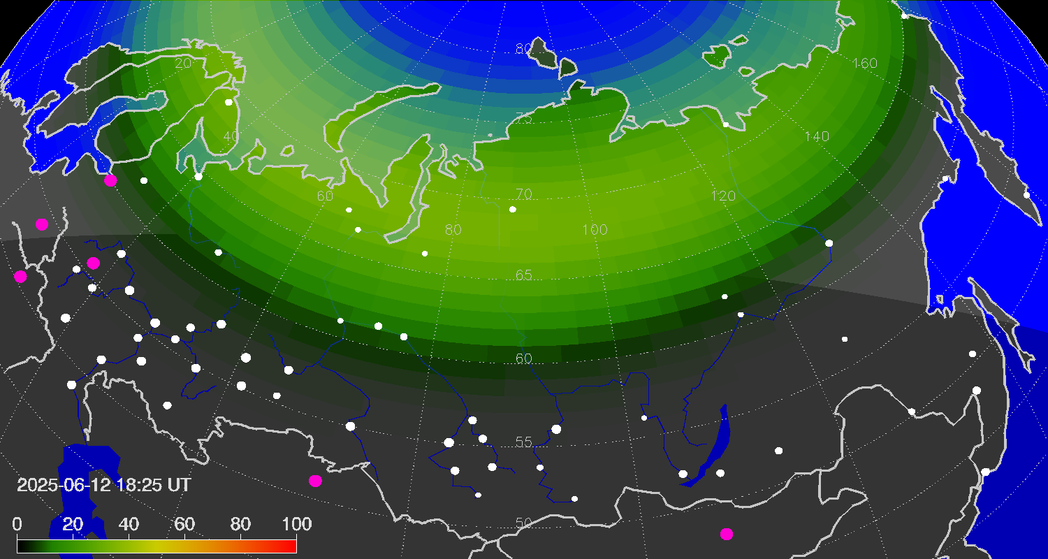 Northern lights (auroras) over the territory of Eurasia