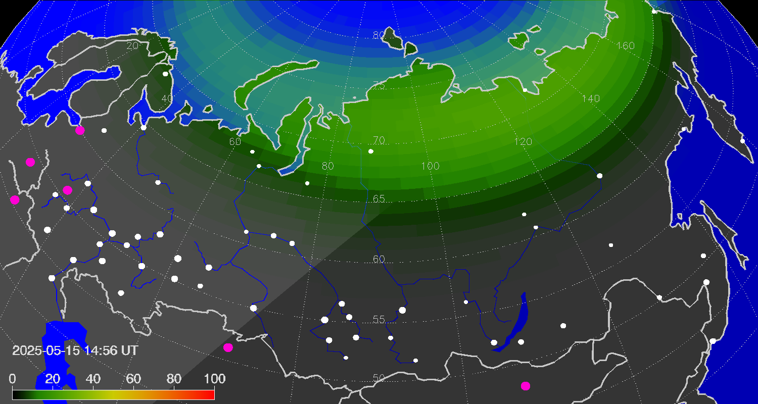 Northern lights (auroras) over Russian Federation
