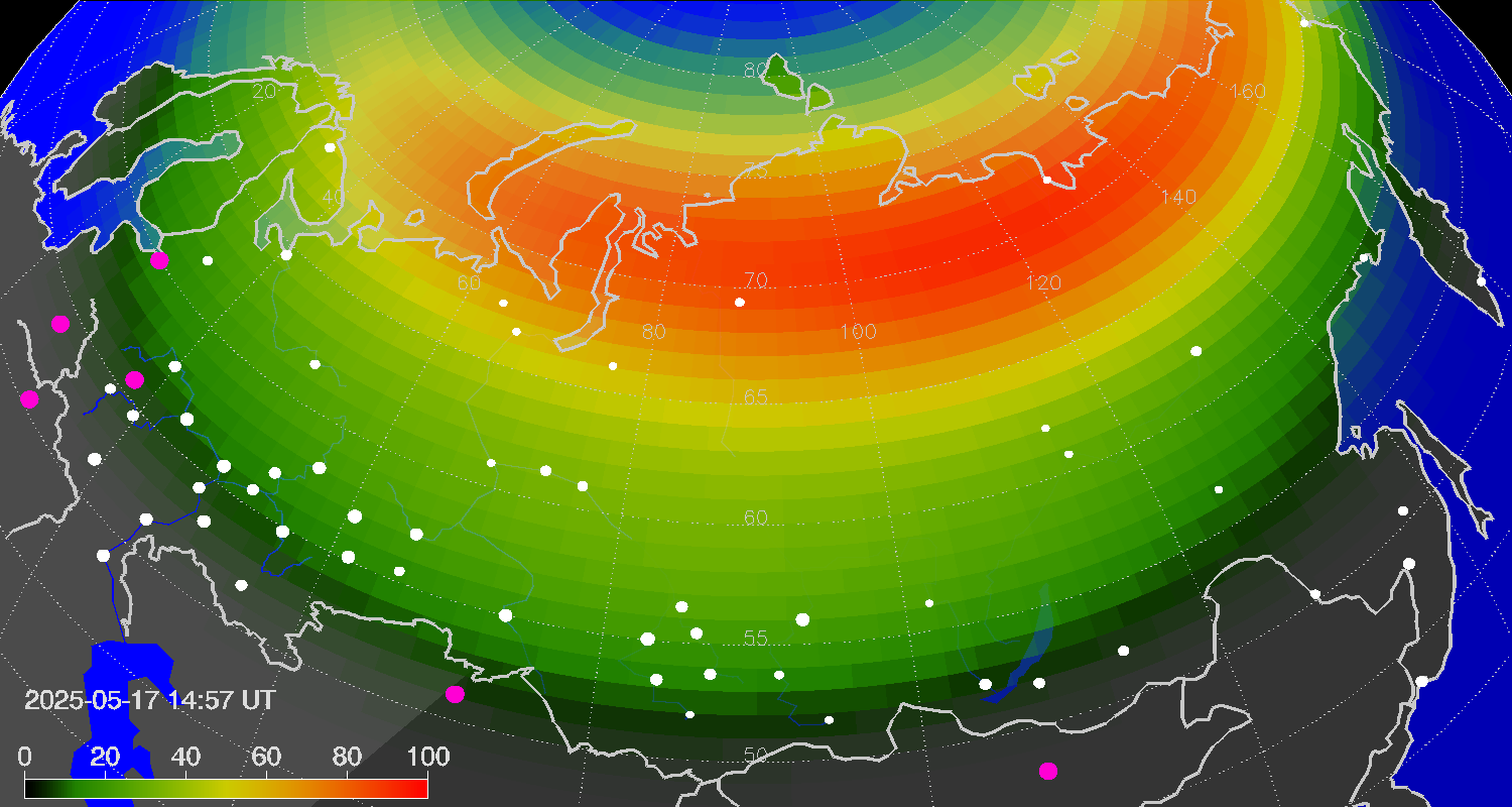 Northern lights (auroras) over Russian Federation