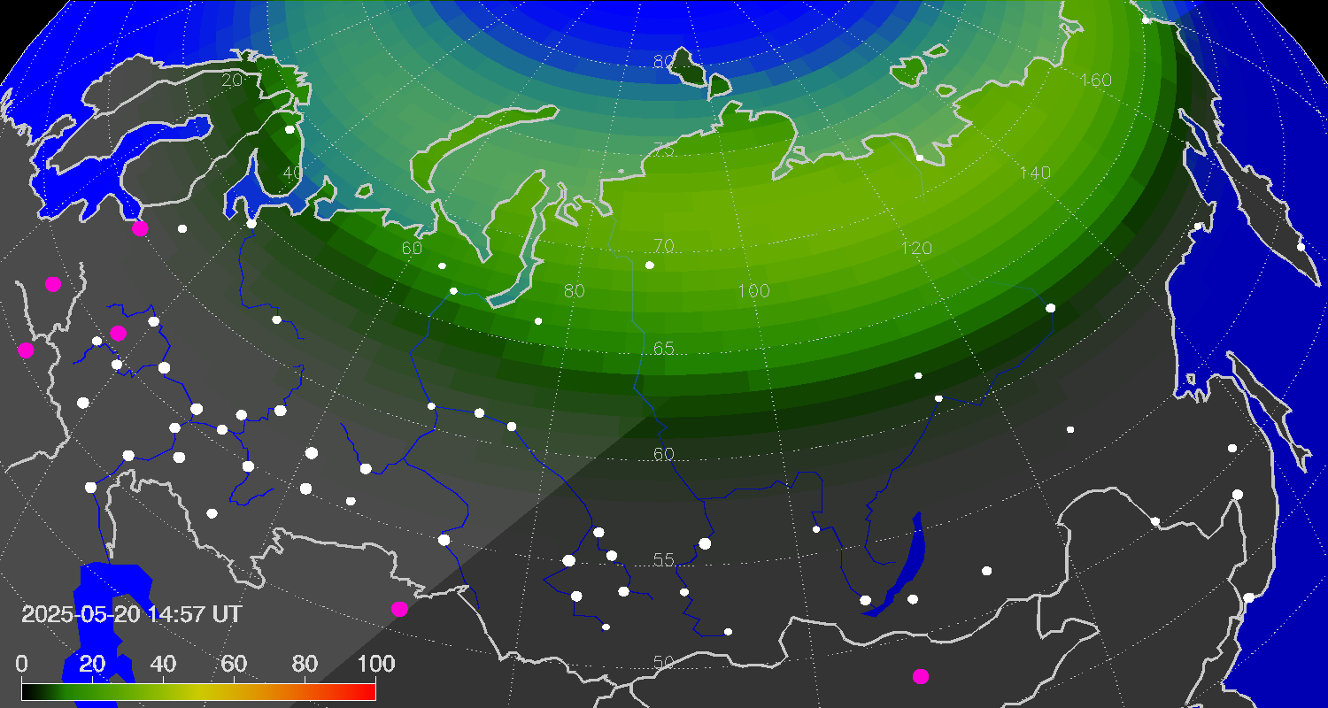 Northern lights (auroras) over Russian Federation