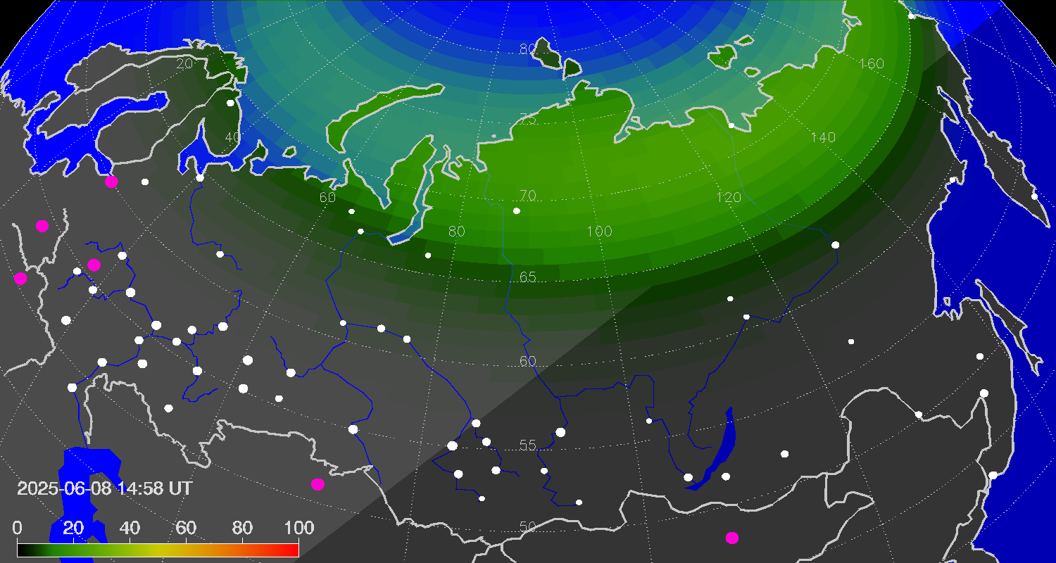 Northern lights (auroras) over Russian Federation