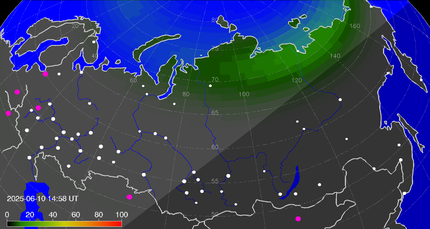Northern lights (auroras) over Russian Federation