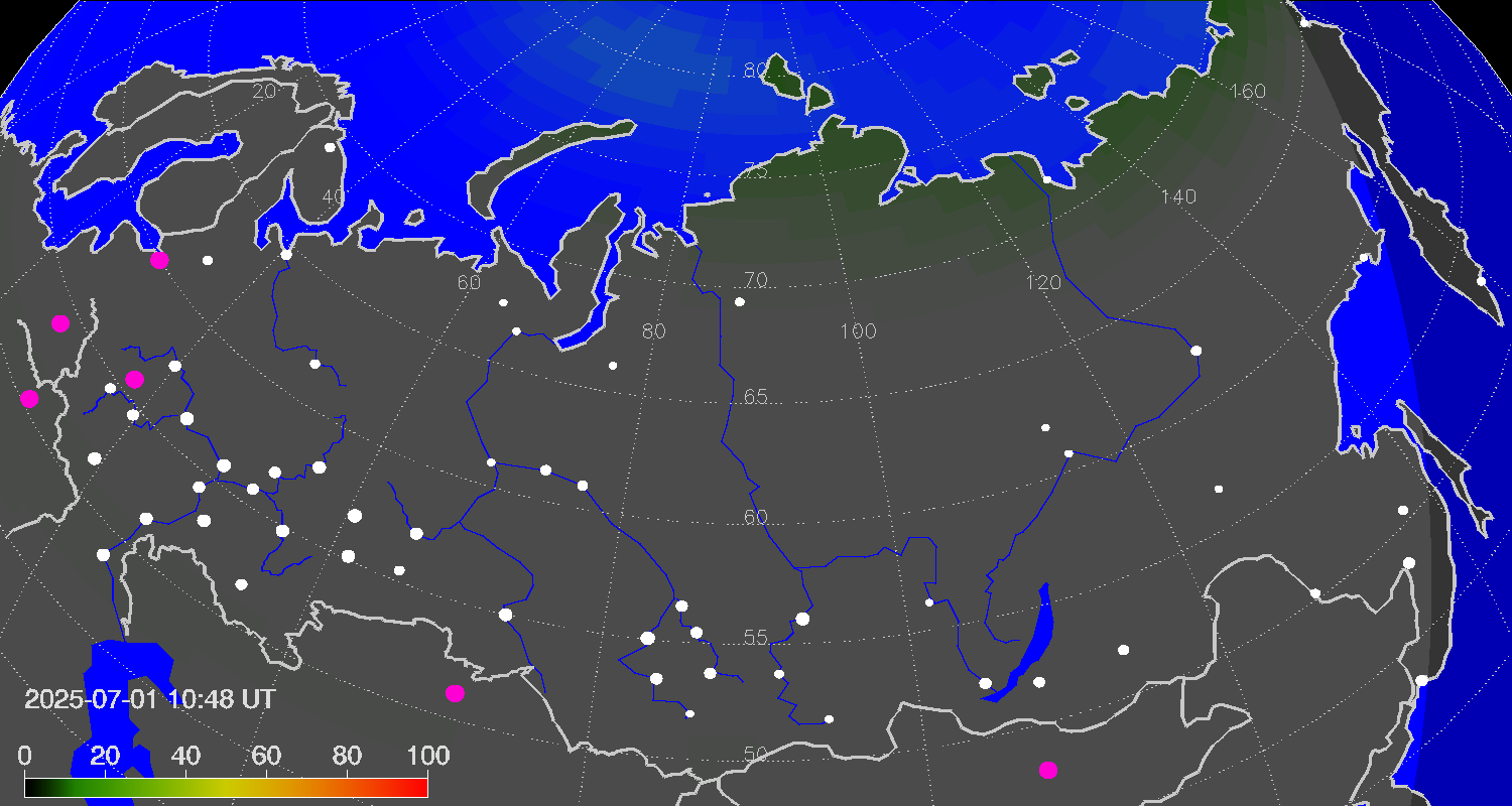 Зона полярных (северных) сияний над территорией РФ