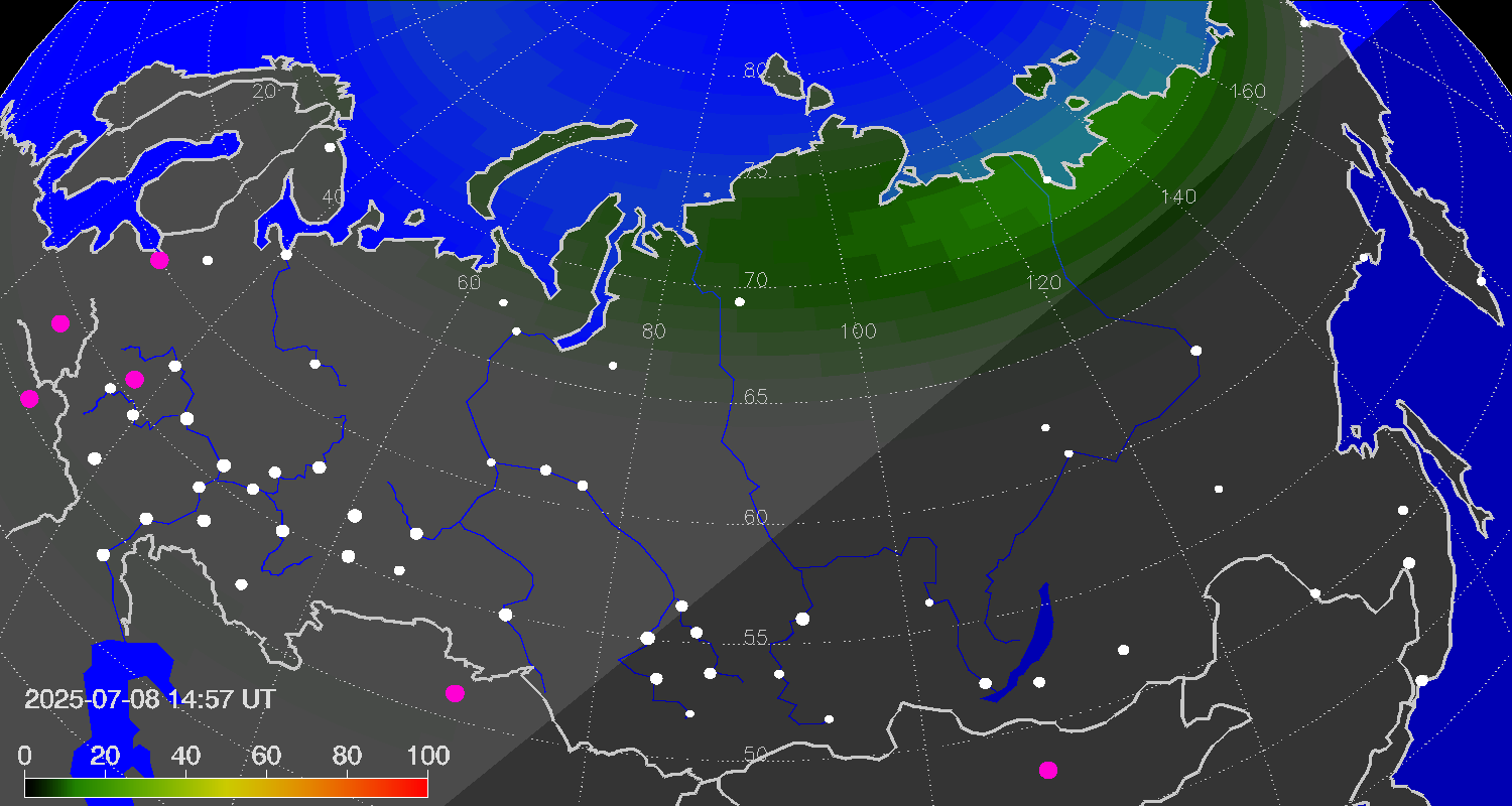 Northern lights (auroras) over Russian Federation