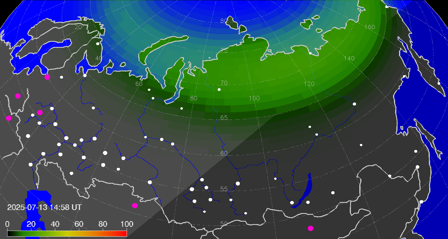 Northern lights (auroras) over Russian Federation