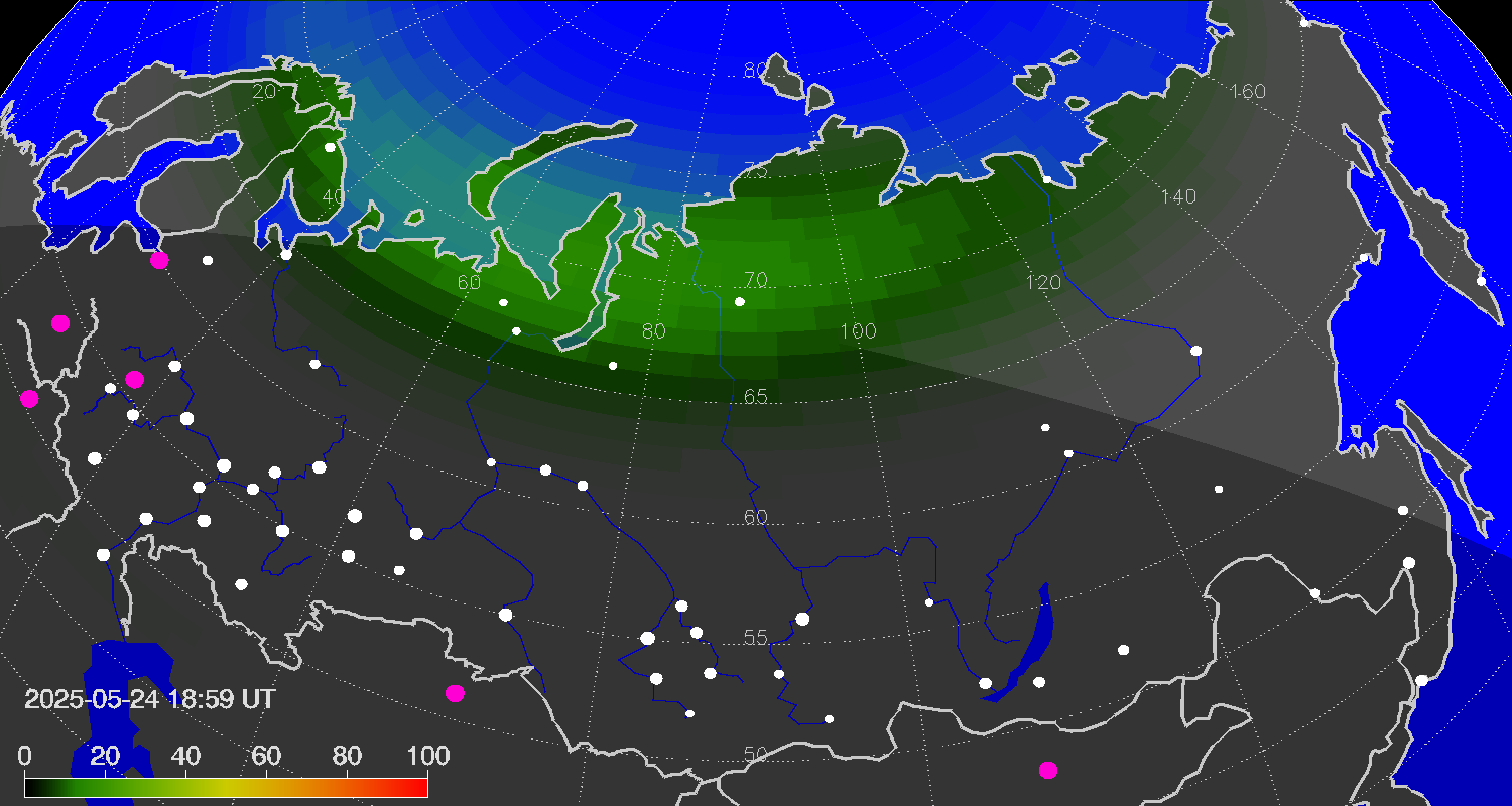 Northern lights (auroras) over Russian Federation