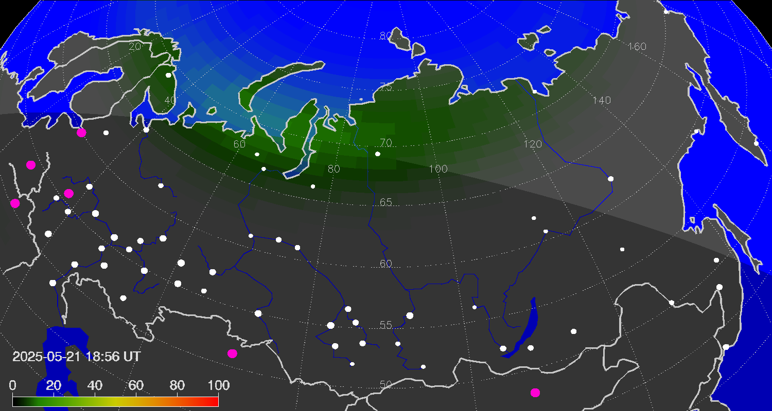 Northern lights (auroras) over Russian Federation