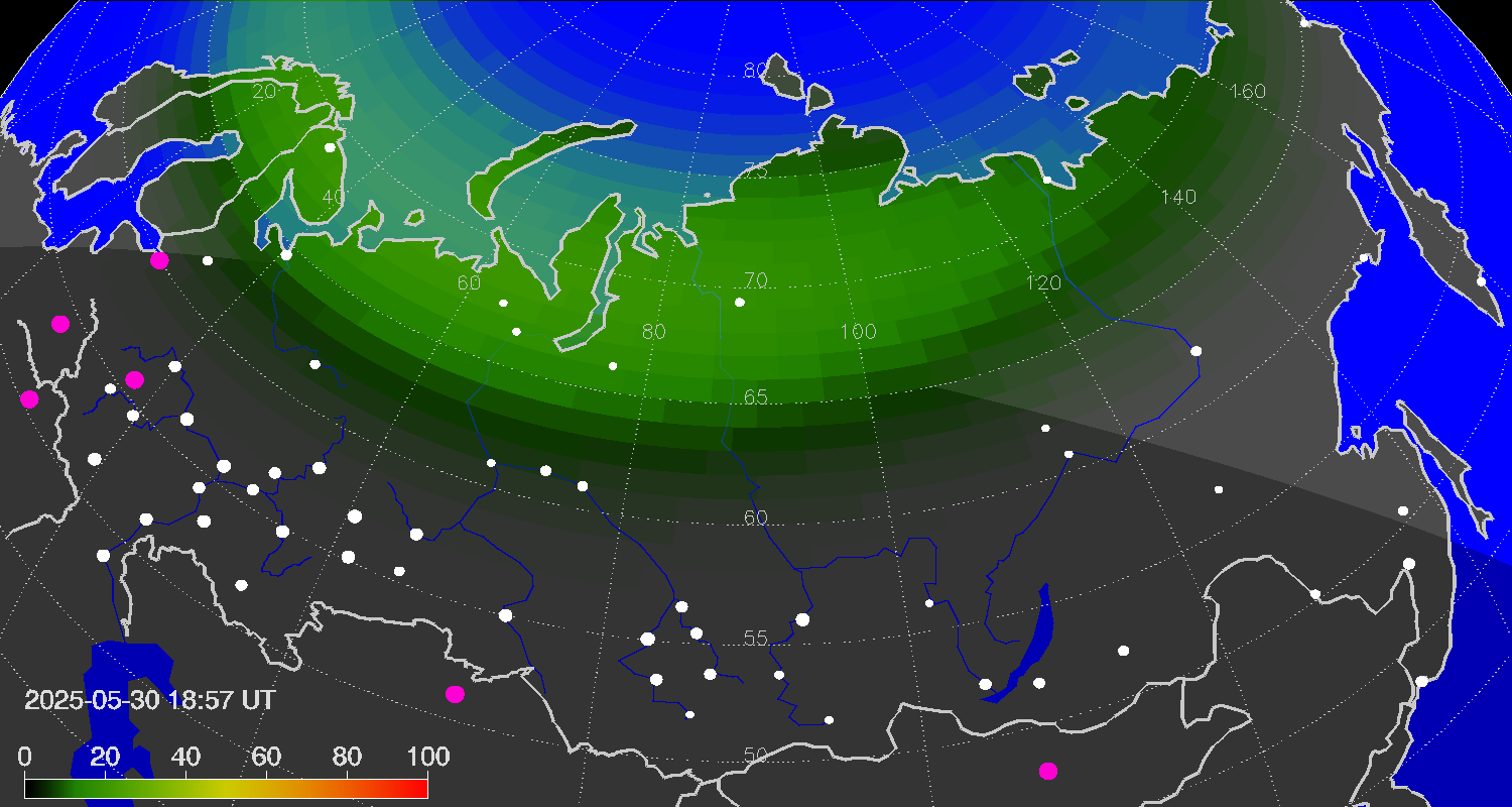 Northern lights (auroras) over Russian Federation