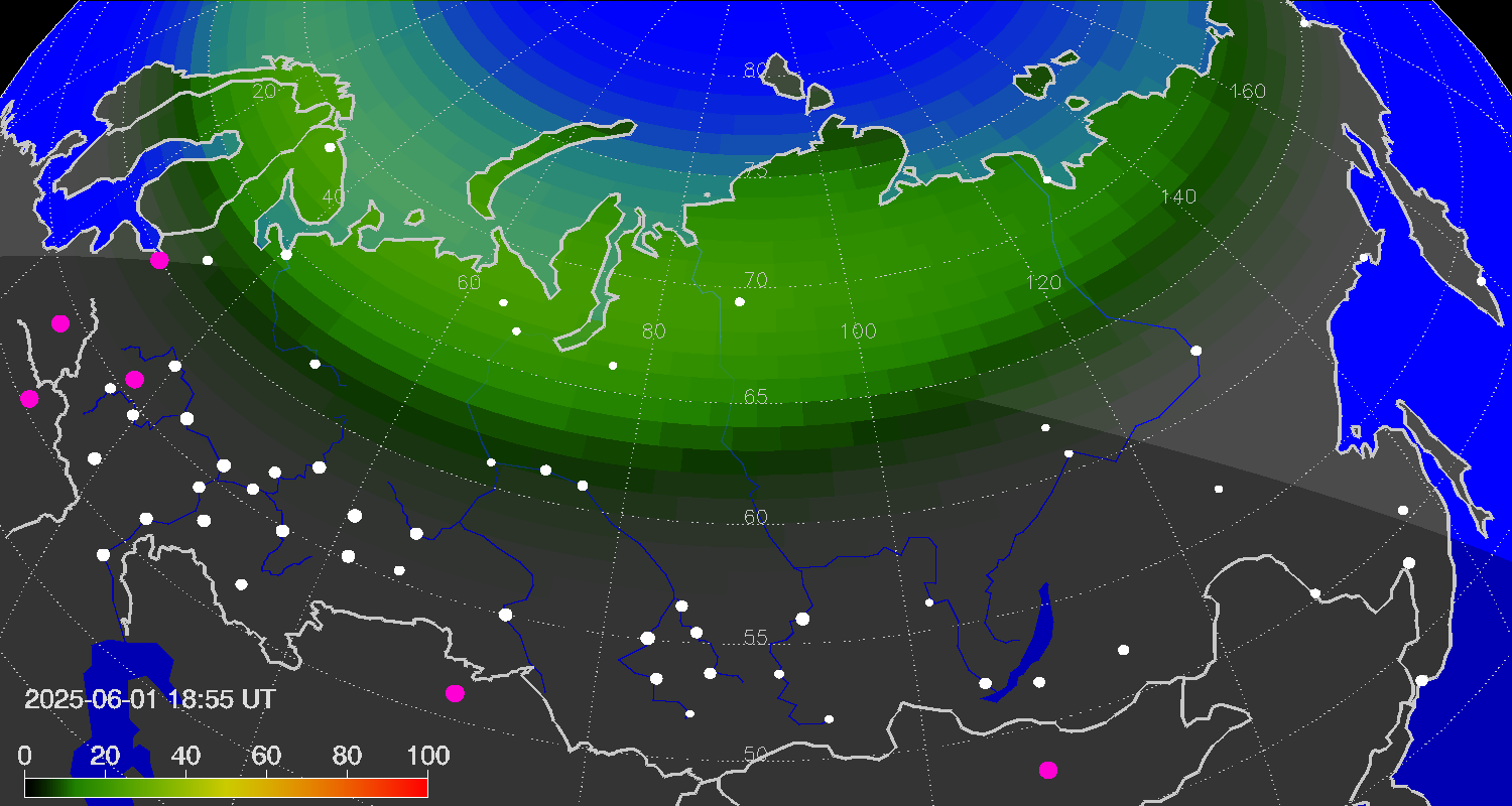 Northern lights (auroras) over Russian Federation
