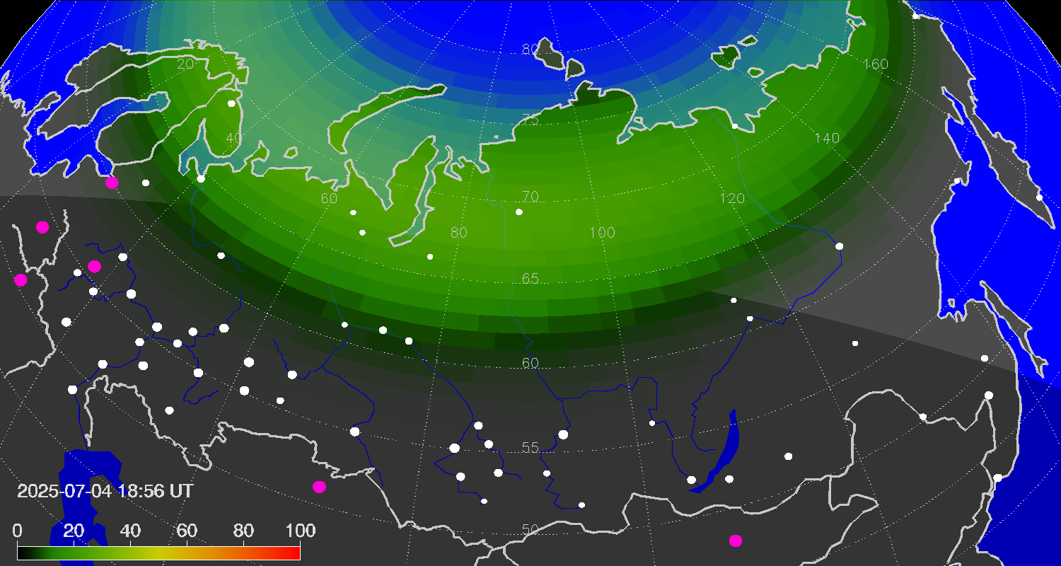 Northern lights (auroras) over Russian Federation