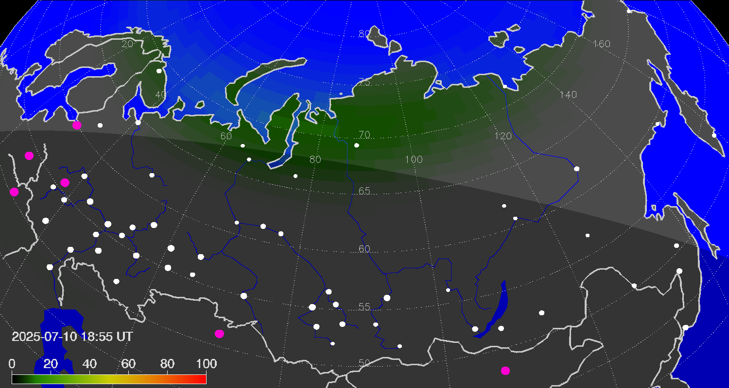 Northern lights (auroras) over Russian Federation