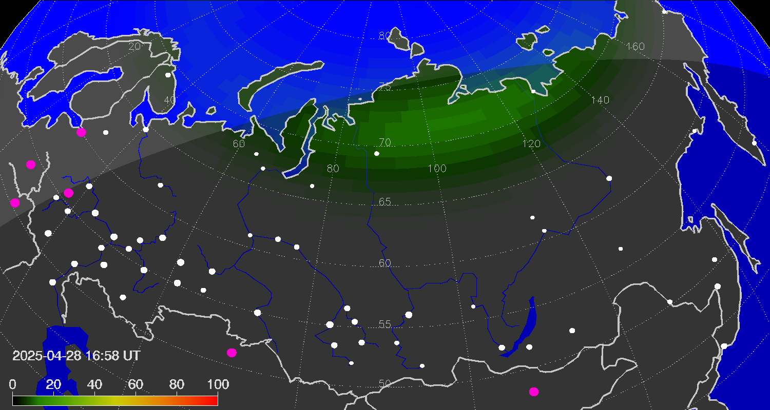 Northern lights (auroras) over Russian Federation