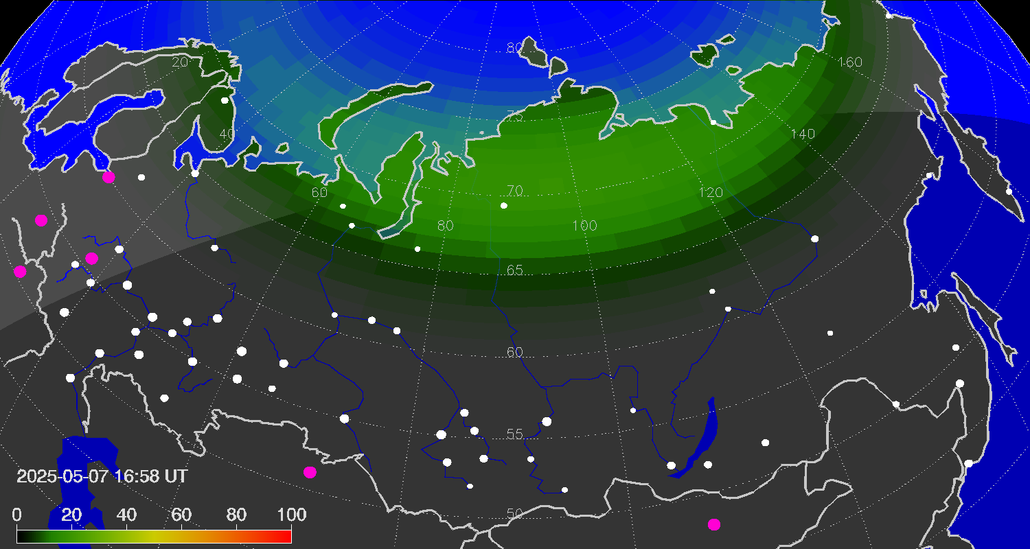 Northern lights (auroras) over Russian Federation